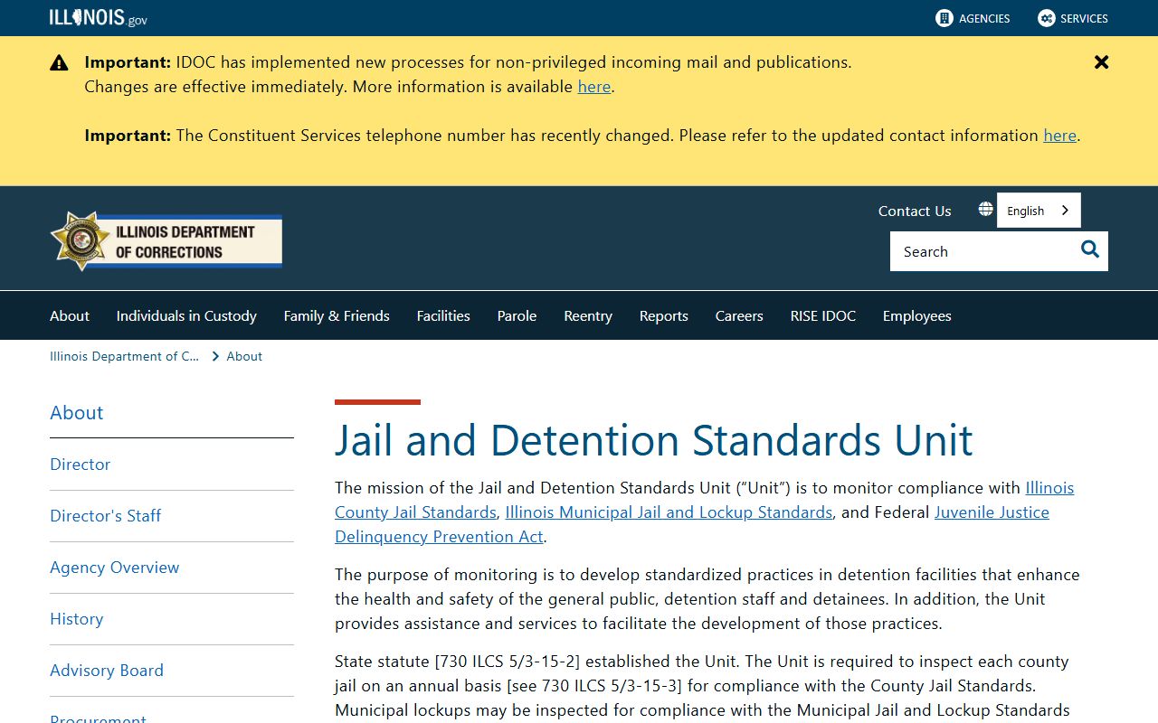 IDOC Jail and Detention Standards Unit page that oversees the Putnam County Jail